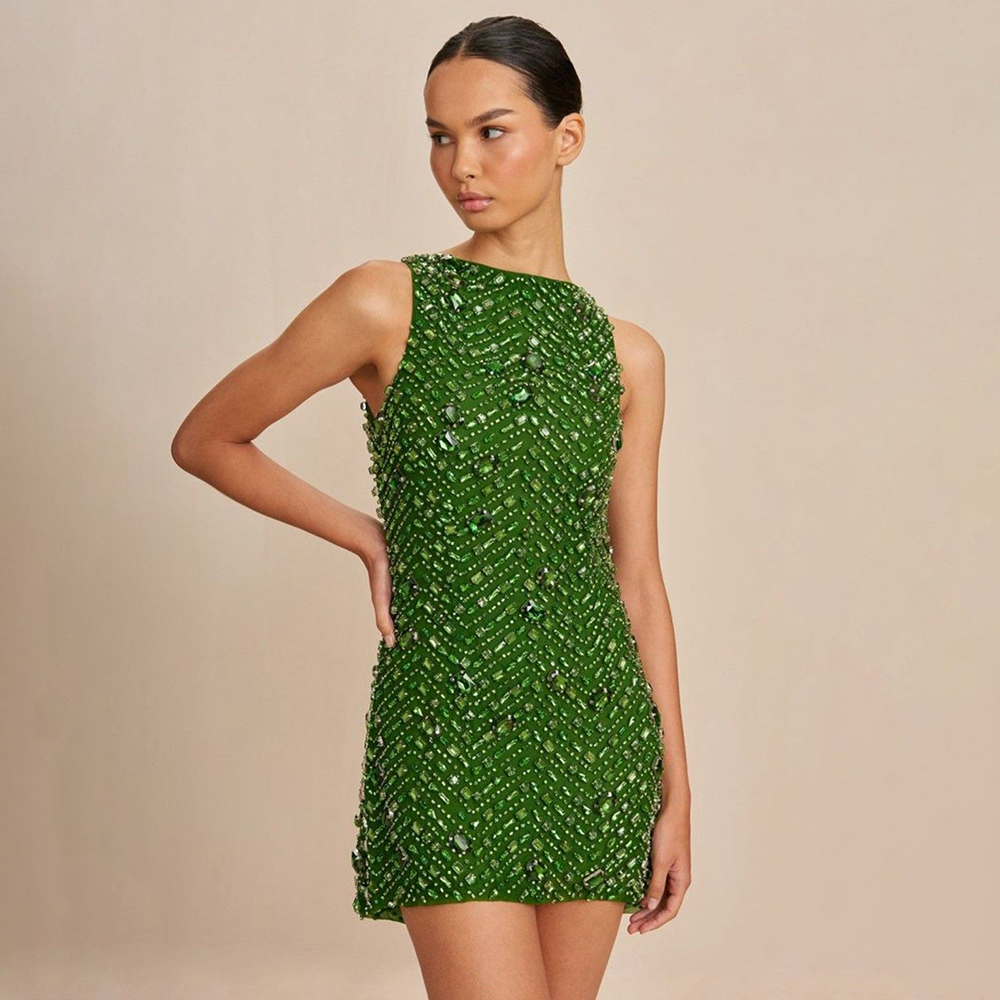 Women'S Formal Dinner Wear - Groene strass borduurwerk mouwloze dames mini-jurk