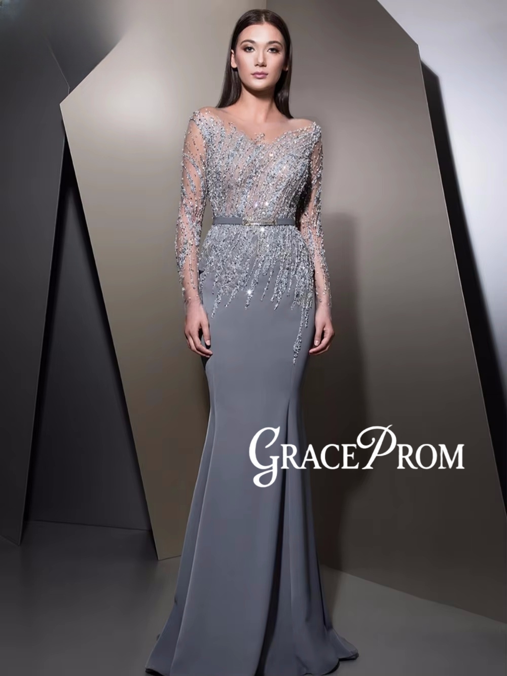 Women'S Formal Dinner Wear - GRACEPROM Illusie avondjurk met lange mouwen
