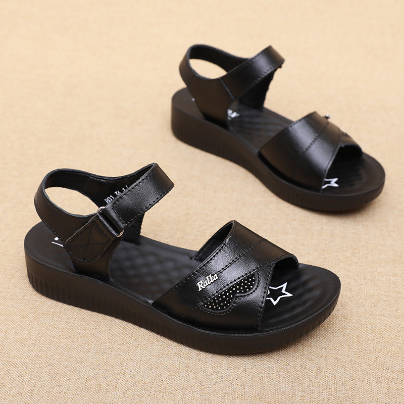 Formal Women Daily Wear Sandals - Zwarte leren T-strap peeptoe sandalen voor
