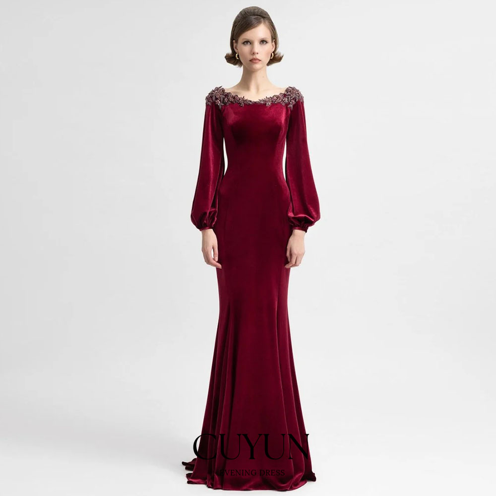 Women'S Formal Dinner Wear - CUYUN Aangepaste Semi-Zeemeermin Bordeaux Avondjurk Fluwelen