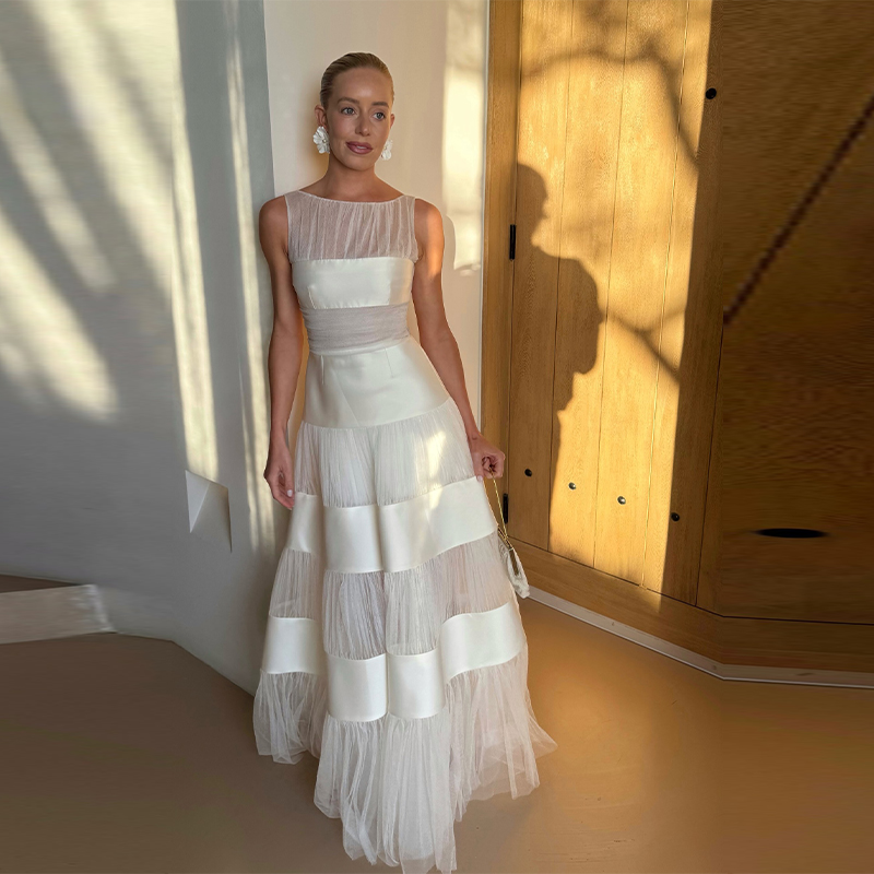 Women'S Formal Dinner Wear - Chique witte mouwloze patchwork-jurk voor bruiloft,