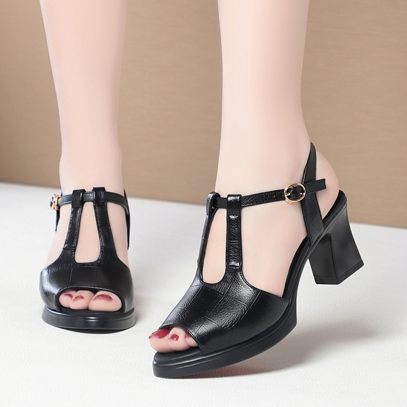 Zwarte leren T-strap peeptoe s - Formal Women Daily Wear Sandals recensie en prijs