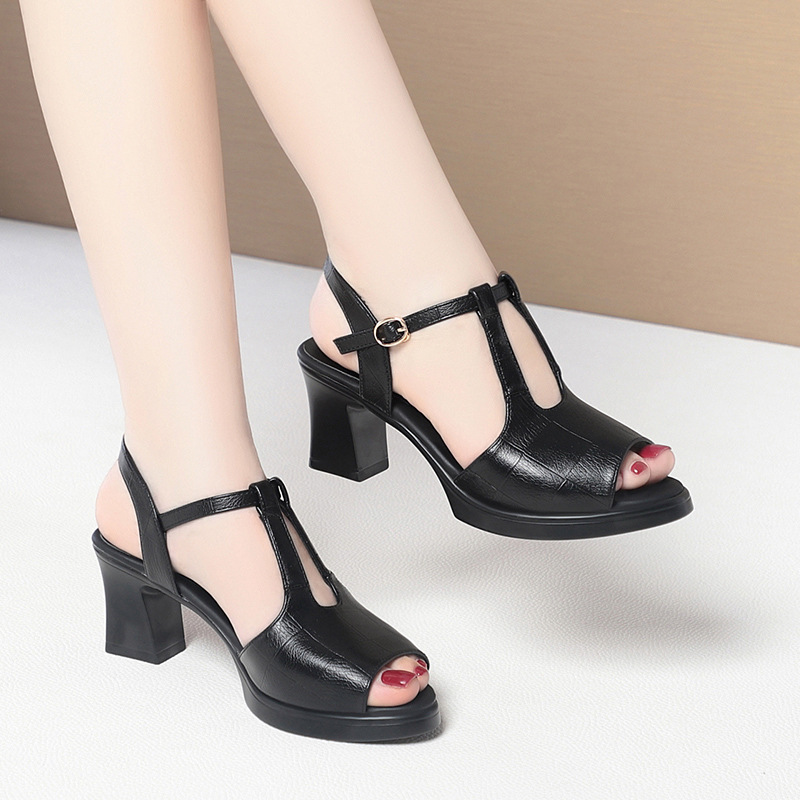 Zwarte leren T-strap peeptoe s - Formal Women Daily Wear Sandals recensie en prijs